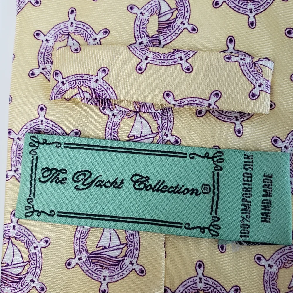 Vintage Nautical Sailboat Silk Tie Yellow Purple Ship Wheel Print Yacht Club